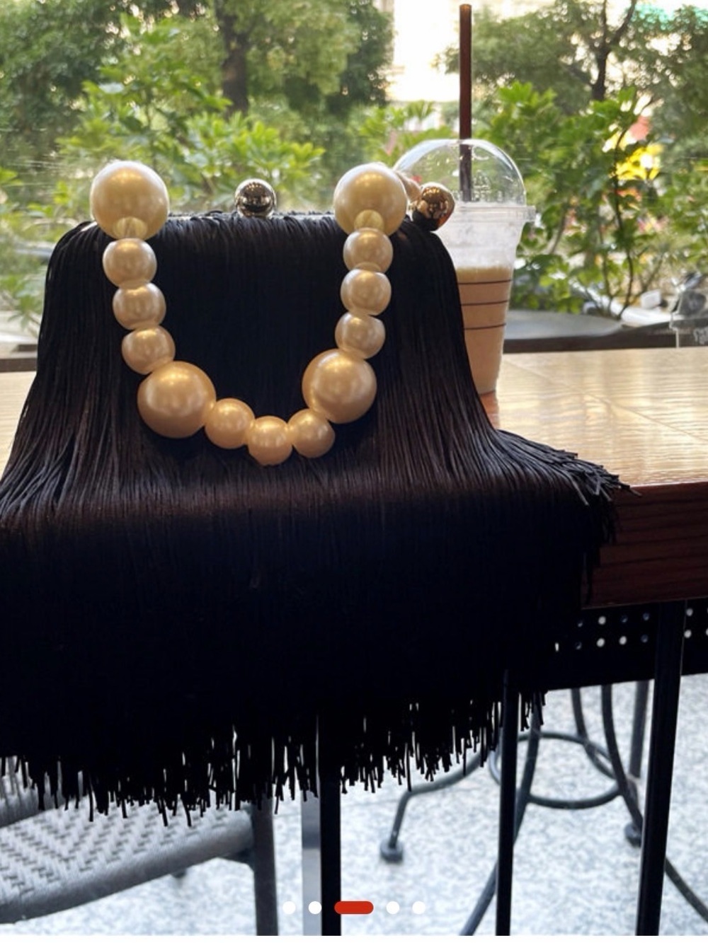 Black Fringe Satchel with Pearl Handle Accent